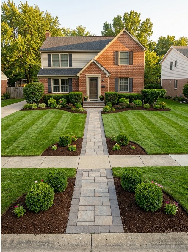 The same front yard after landscape work, with defined beds and a stone path
