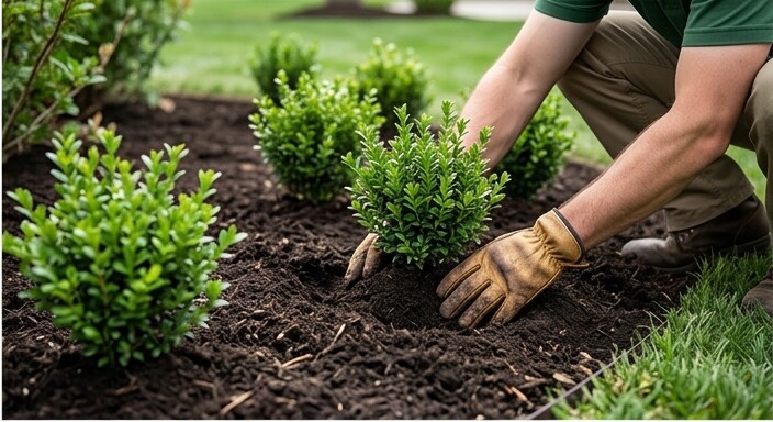 Fresh planting and mulch around a garden bed