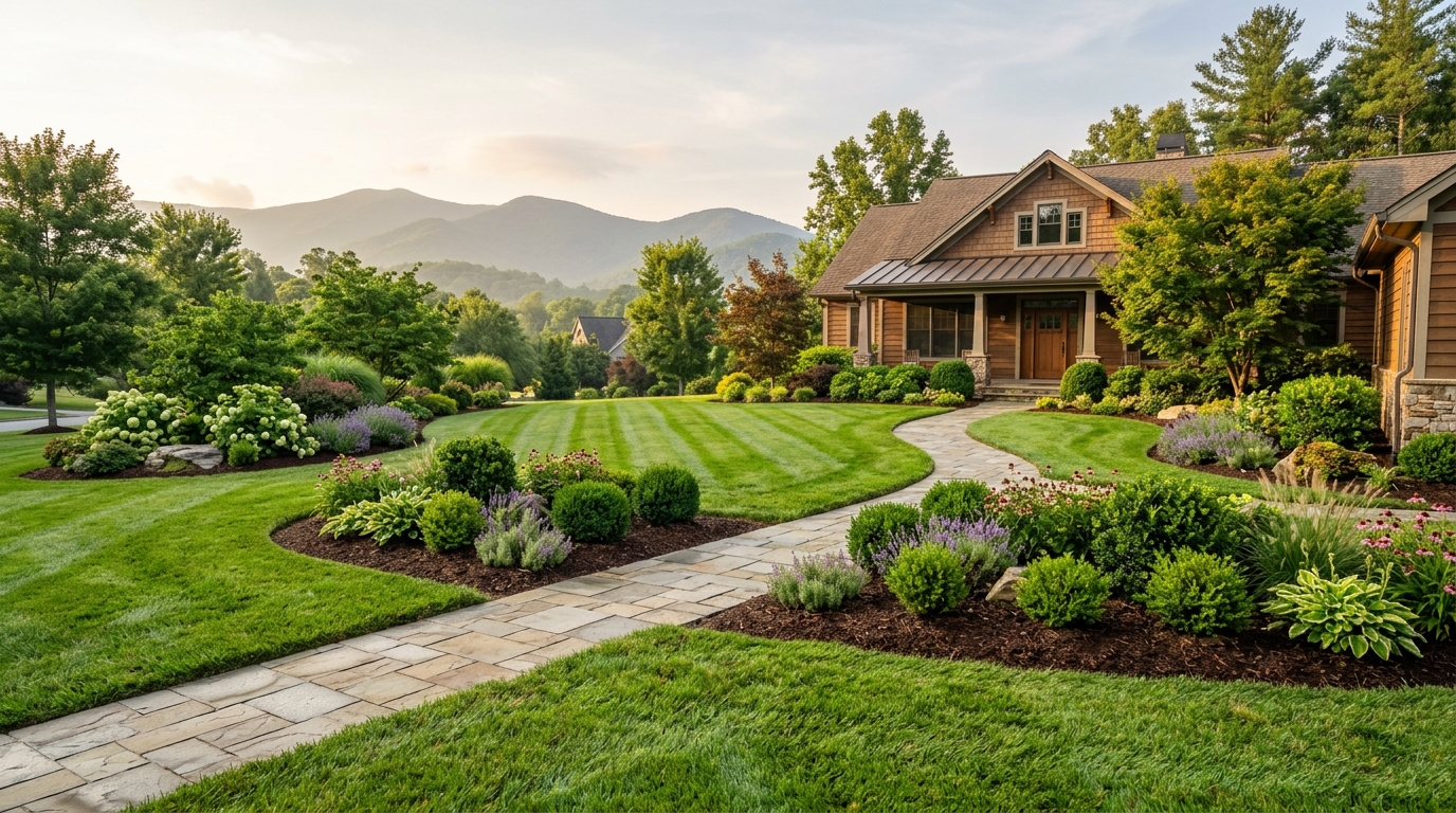A landscaped home with lawn, stone path and mountain views
