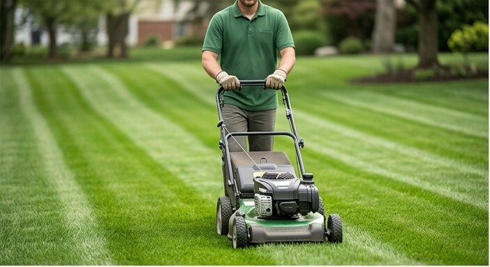 Lawn mowing at a landscaped home