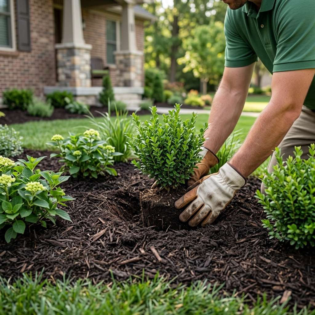 Landscaper planting shrubs in a mulched garden bed
