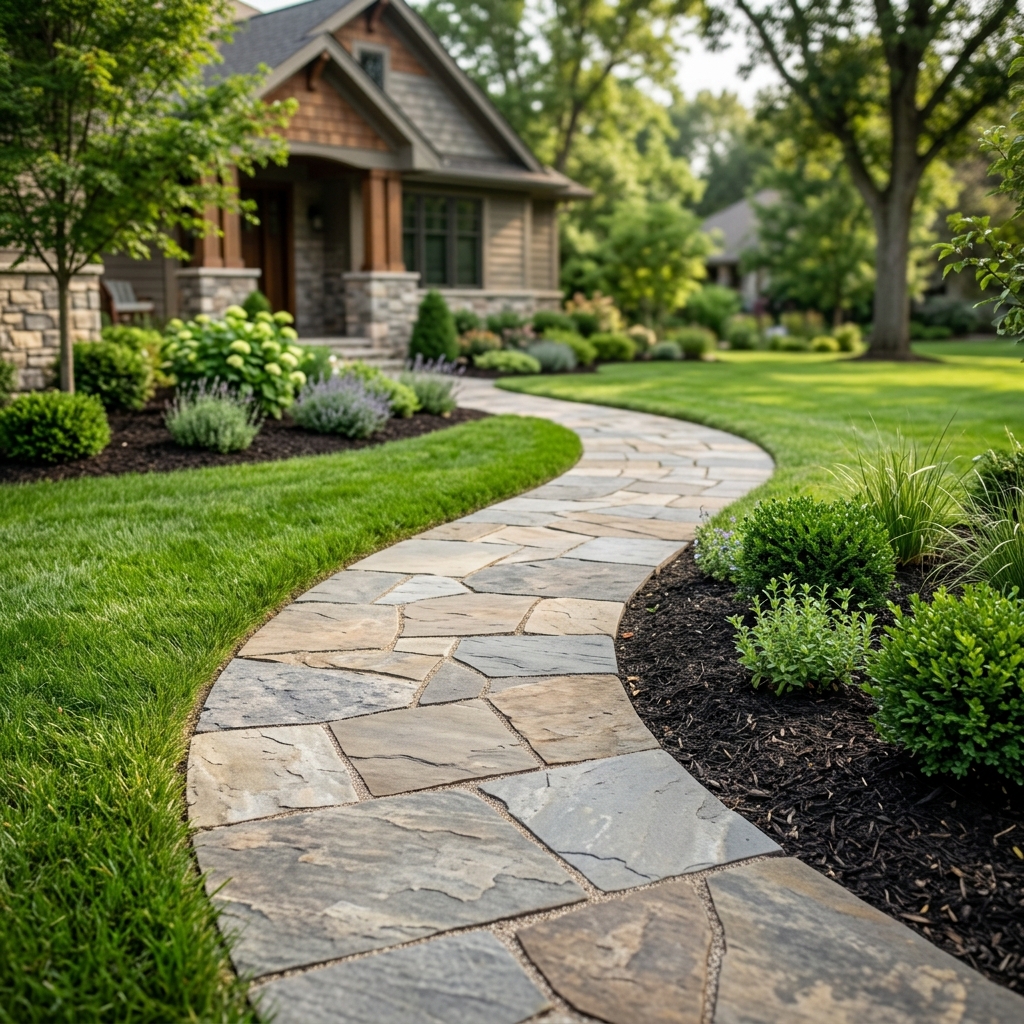 Curving stone walkway beside a green lawn and garden beds