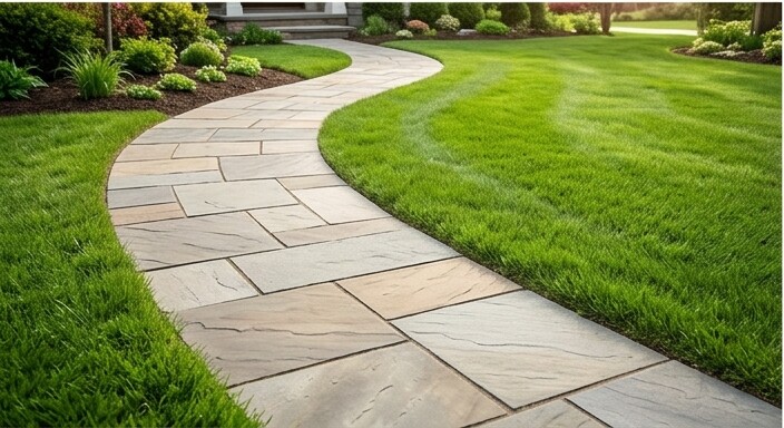 Stone walkway curving through a landscaped yard
